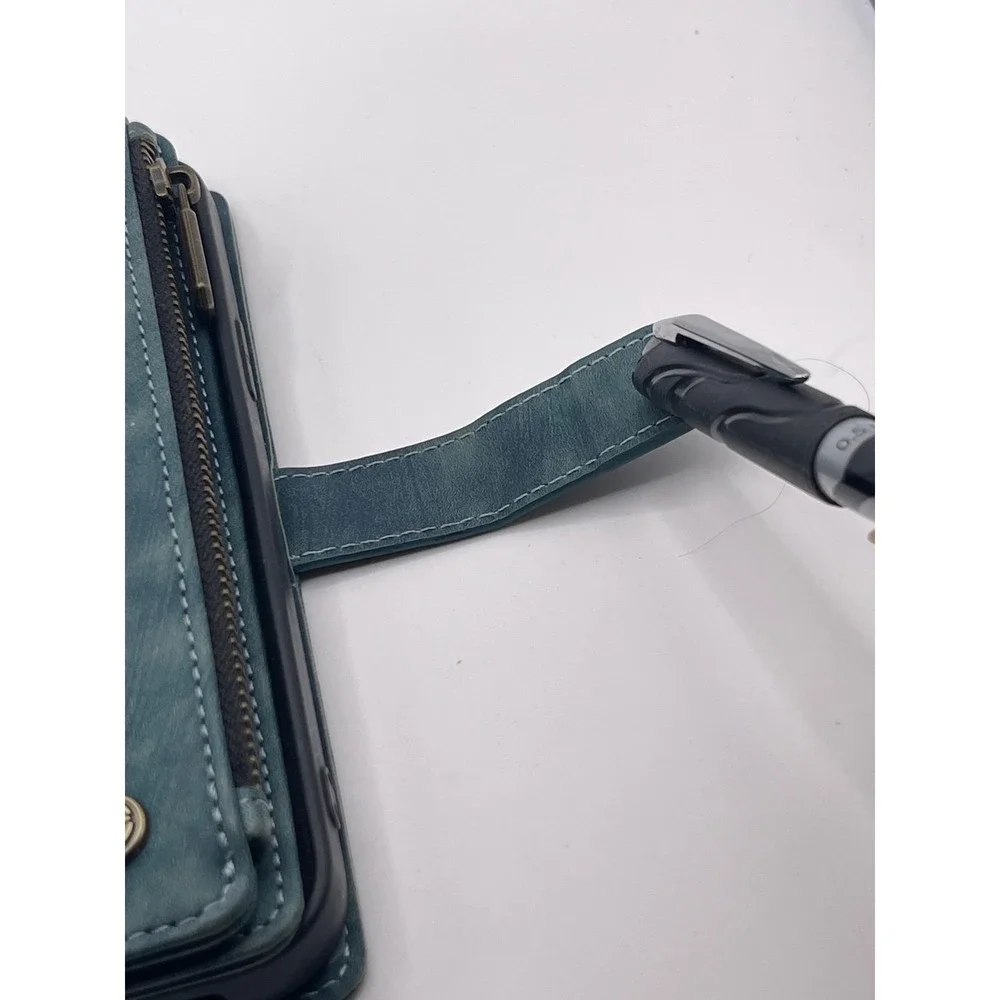 CaseMe Blue Vintage Leather Wallet Phone Case Zipper Card Holder Wristlet Strap